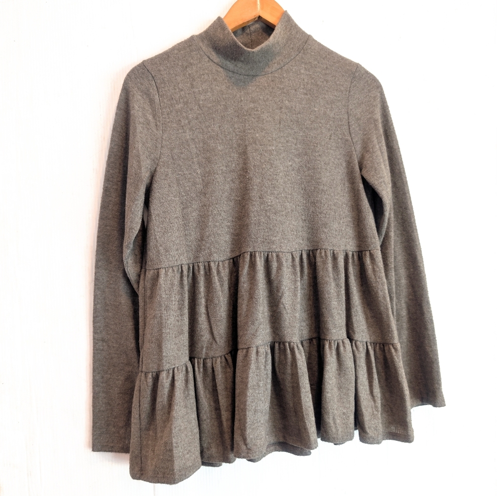 ENTRO Women's Brown Cozy Tiered Ruffle Long Sleeve Sweater Top Boho - Picture 1 of 6